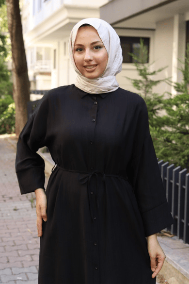 Noral Önü Düğmeli Elbise Siyah
