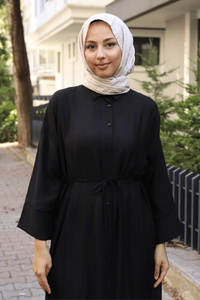 Noral Önü Düğmeli Elbise Siyah