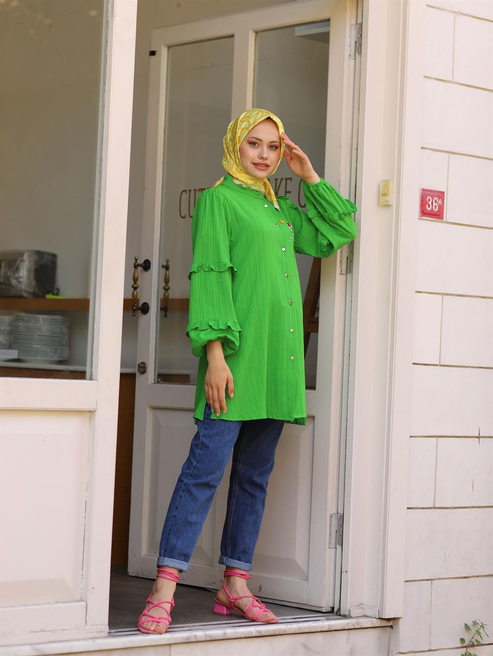 Önü Çiçek İşlemeli Gömlek Benetton Yeşili
