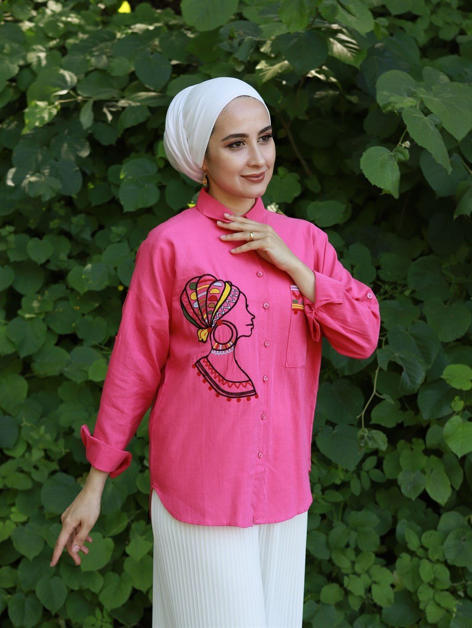 YÜZ DESENLİ GÖMLEK FUŞYA