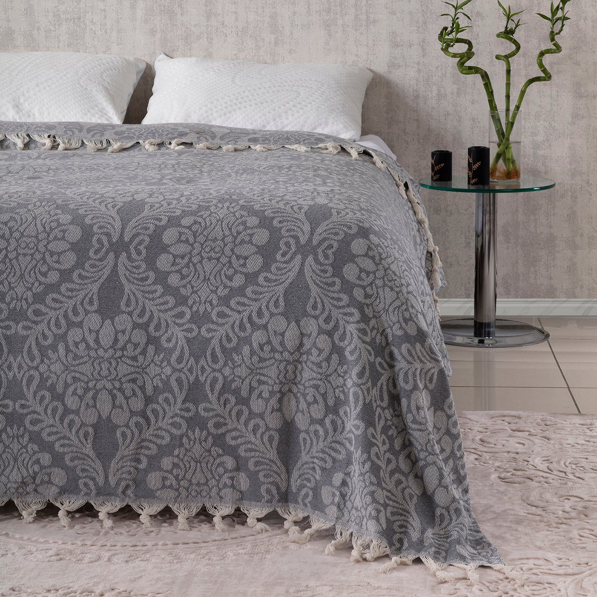  Damask Desenli Çift Kişilik Yatak Örtüsü Jakarlı 200x230 Cm Füme