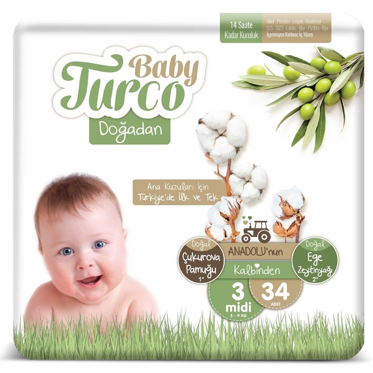 Baby Turco Doğadan Bebek Bezi 3 Numara Midi 34 Adet