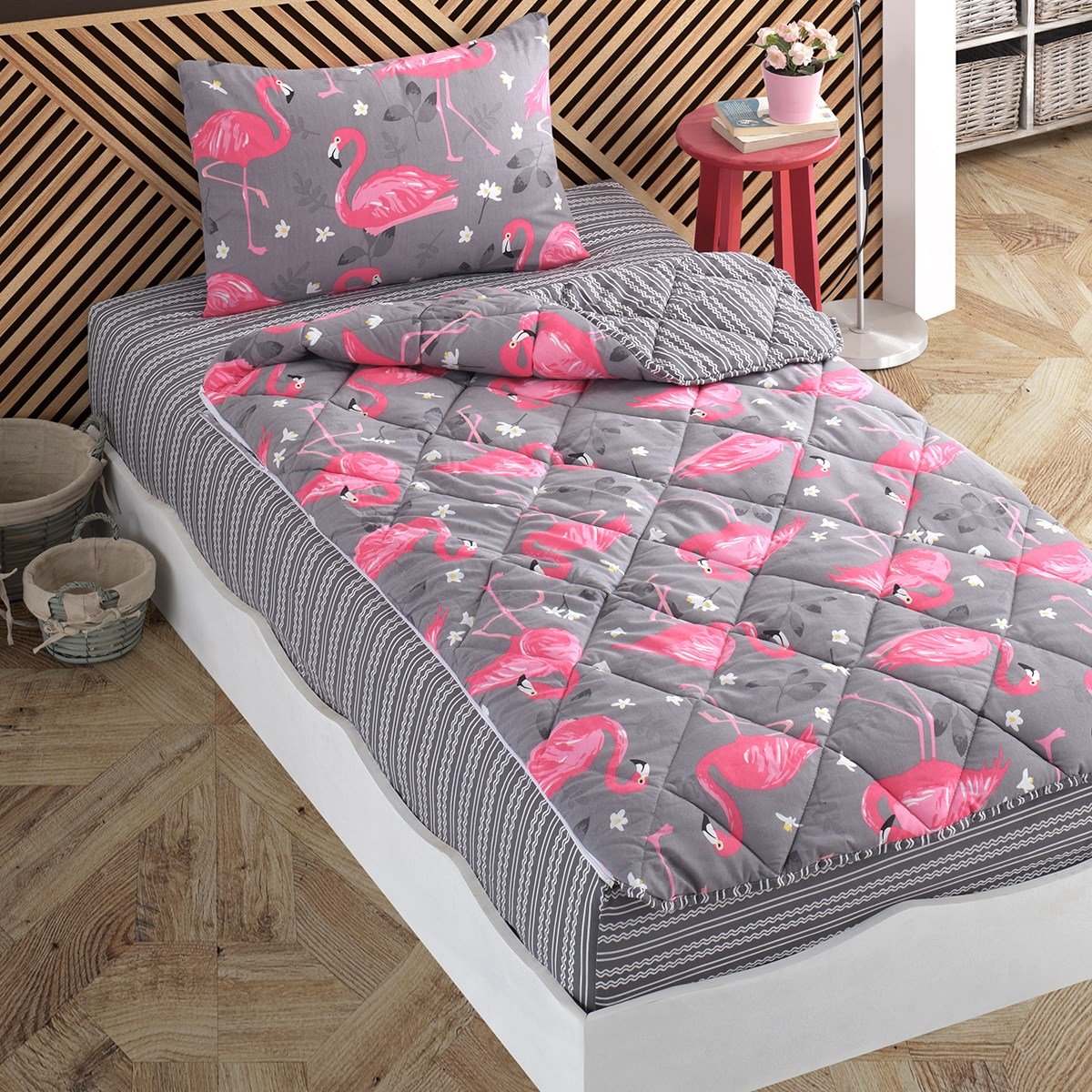 Flamingo Desenli Gri Tek Kişilik Yorganlı Çocuk Uyku Seti