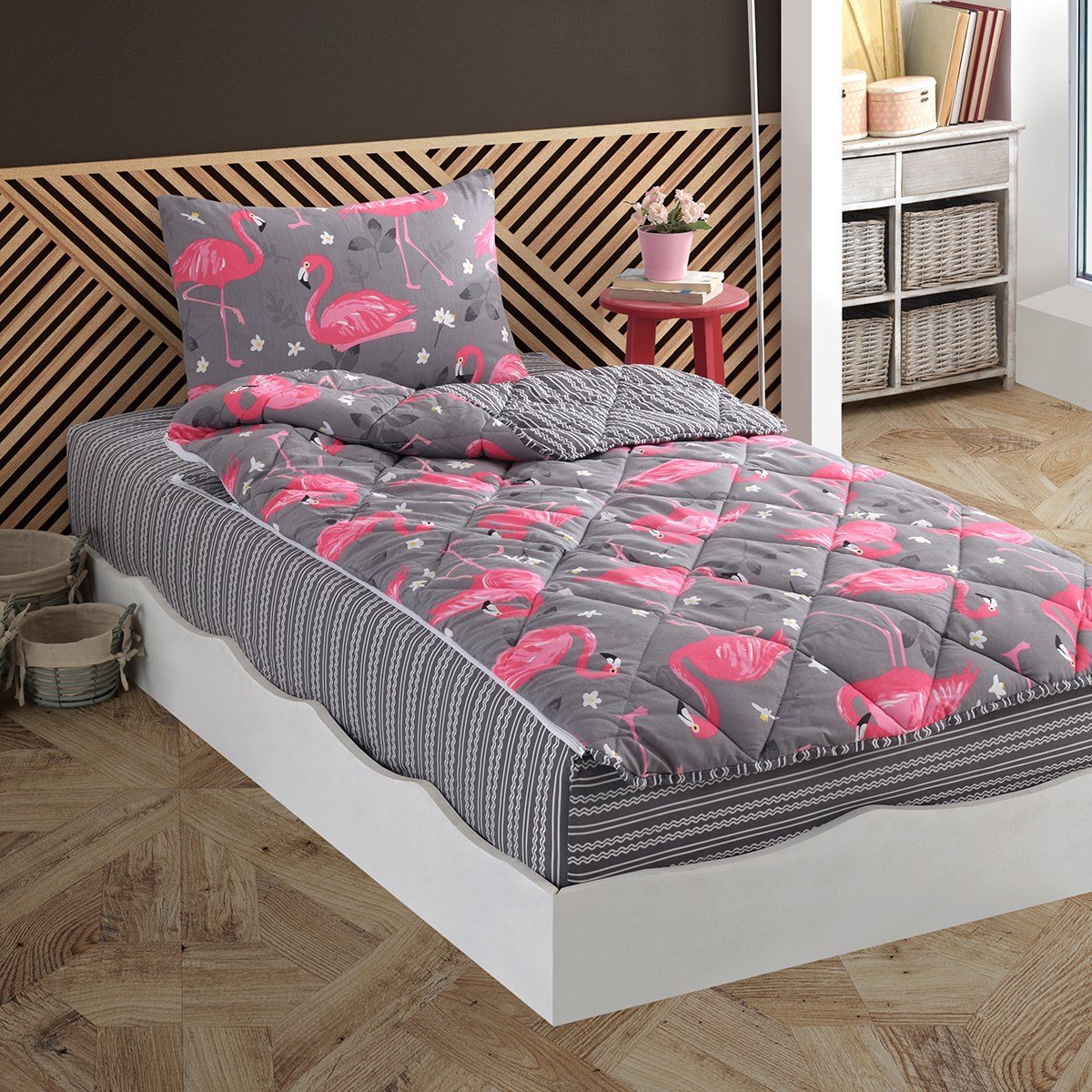 Flamingo Desenli Gri Tek Kişilik Yorganlı Çocuk Uyku Seti
