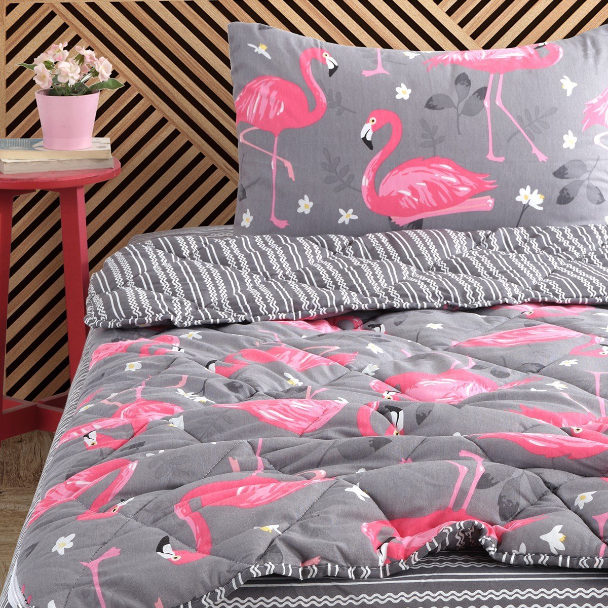 Flamingo Desenli Gri Tek Kişilik Yorganlı Çocuk Uyku Seti