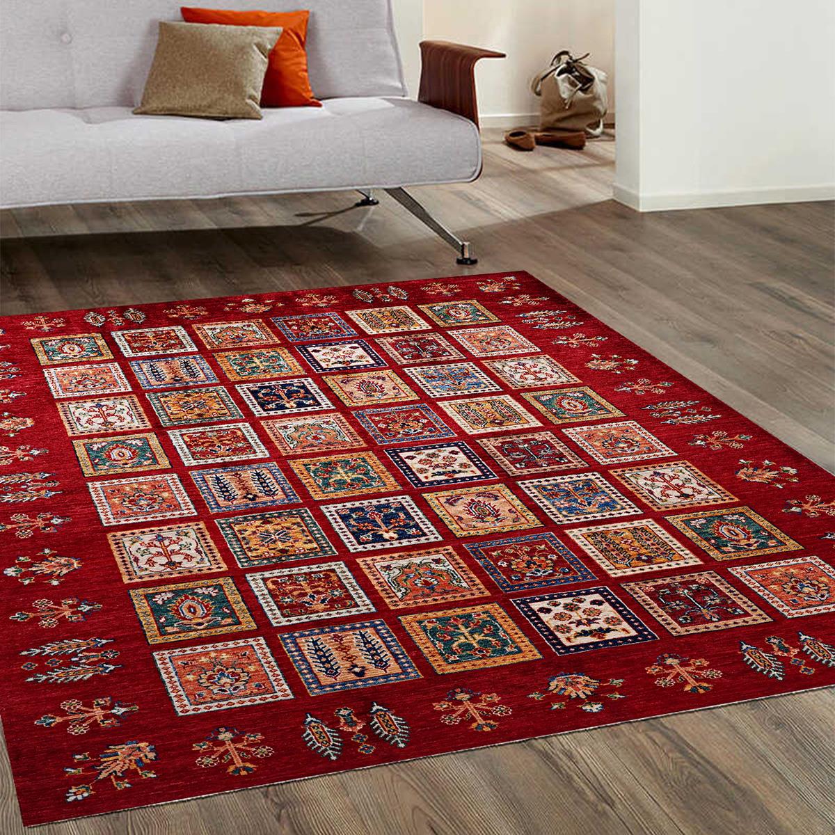 Klasik Afgan Türkmen Otantik Kilim Desenli Dijital Baskılı Halı Kaydırmaz Tabanlı Yıkanabilir Halı