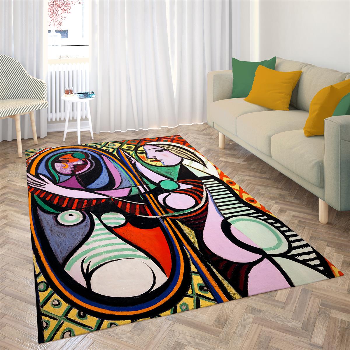 Pablo Picasso Ayna Karşısındaki Kız Halısı Dijital Baskılı Halı Kaydırmaz Tabanlı Yıkanabilir Halı