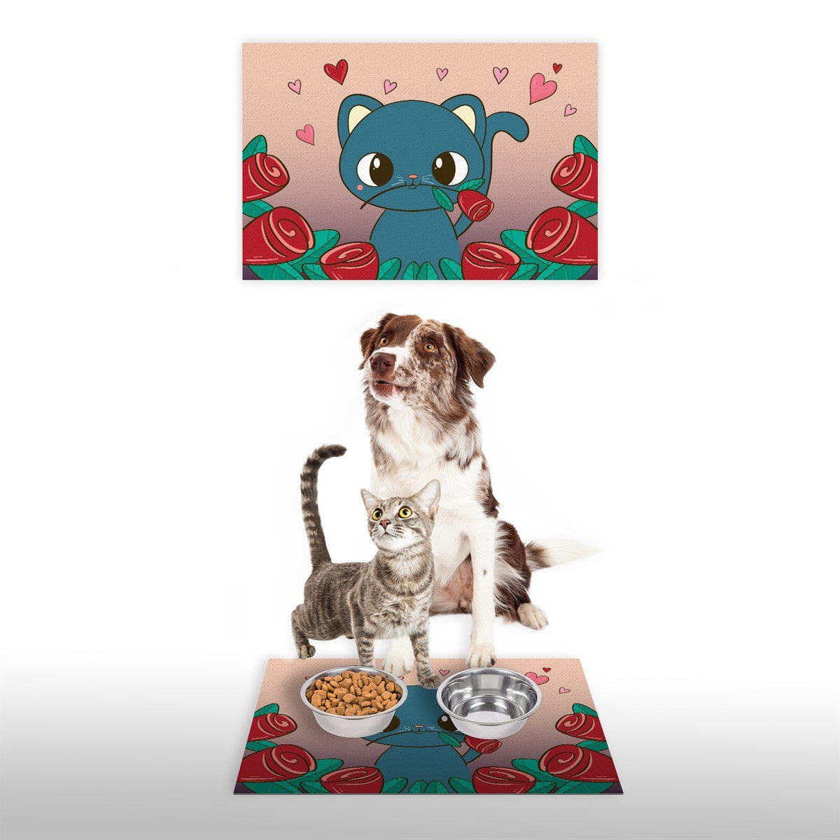 Vagonik Water Food Kedi Köpek Desenli Dijital Baskılı 35x50cm Dekoratif Çok Amaçlı Iç Ve Dış Kapı Paspası Mama Paspası