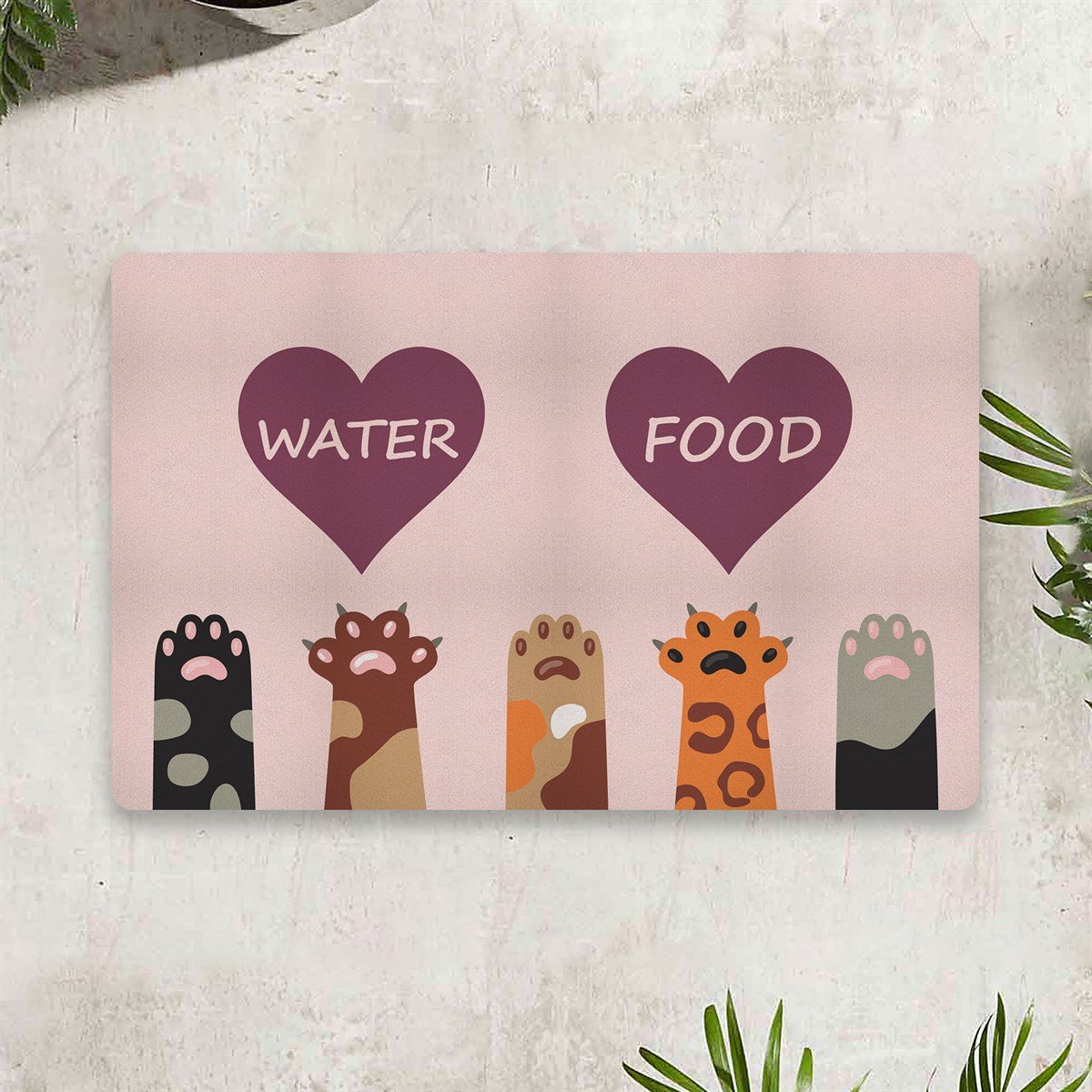 Vagonik Water Food Kedi Köpek Kalp Dijital Baskılı 50x70cm Dekoratif Çok Amaçlı Iç Ve Dış Kapı Paspası Mama Paspası