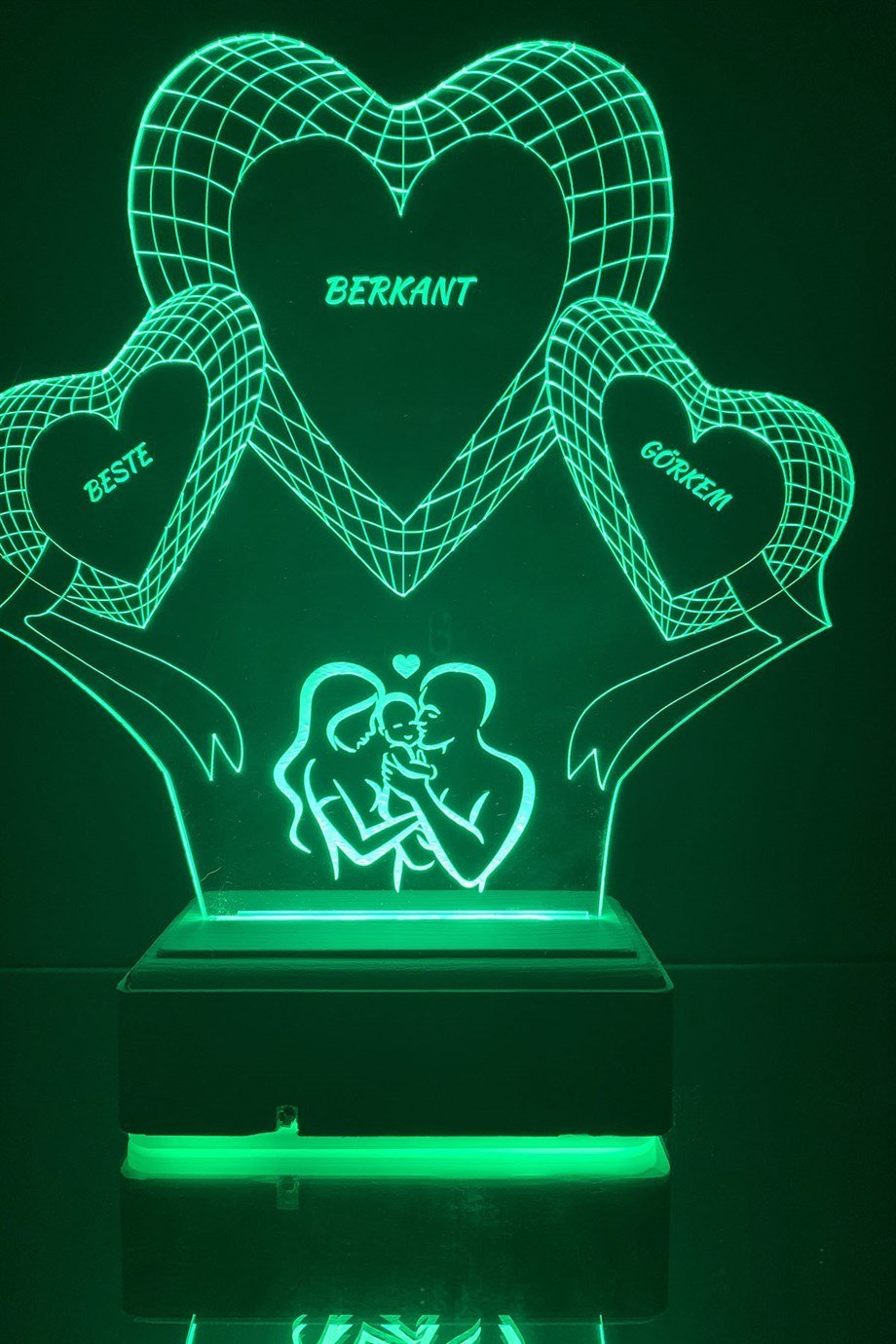 Kişiye Özel 3D 3 Kalp ve Aile 16 Renk Dekoratif Led Lamba