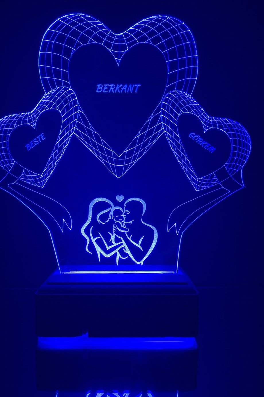 Kişiye Özel 3D 3 Kalp ve Aile 16 Renk Dekoratif Led Lamba