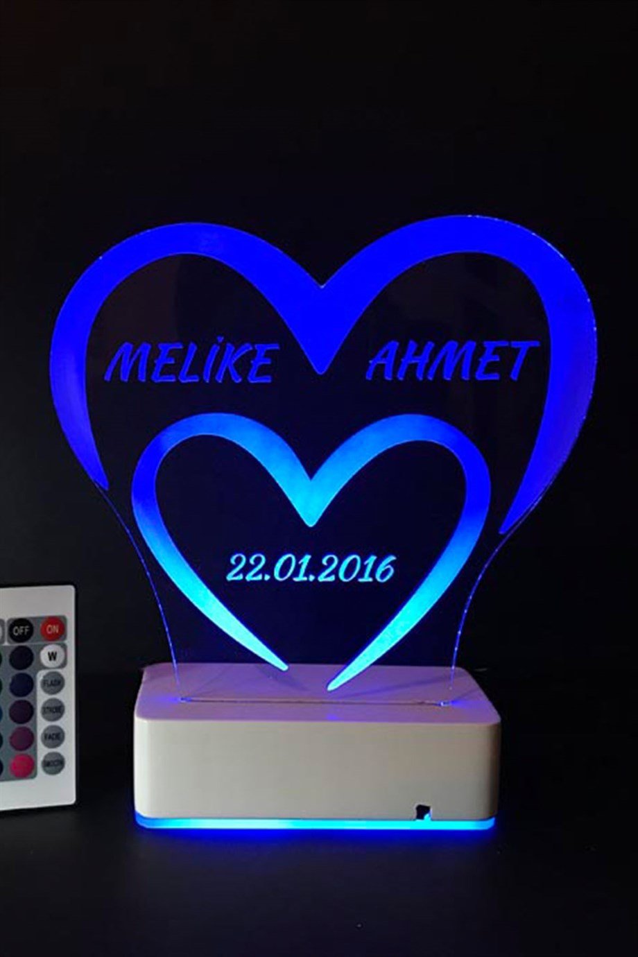 Kişiye Özel 3D Kalp Tarih Aşk 16 Renk Dekoratif Led Lamba