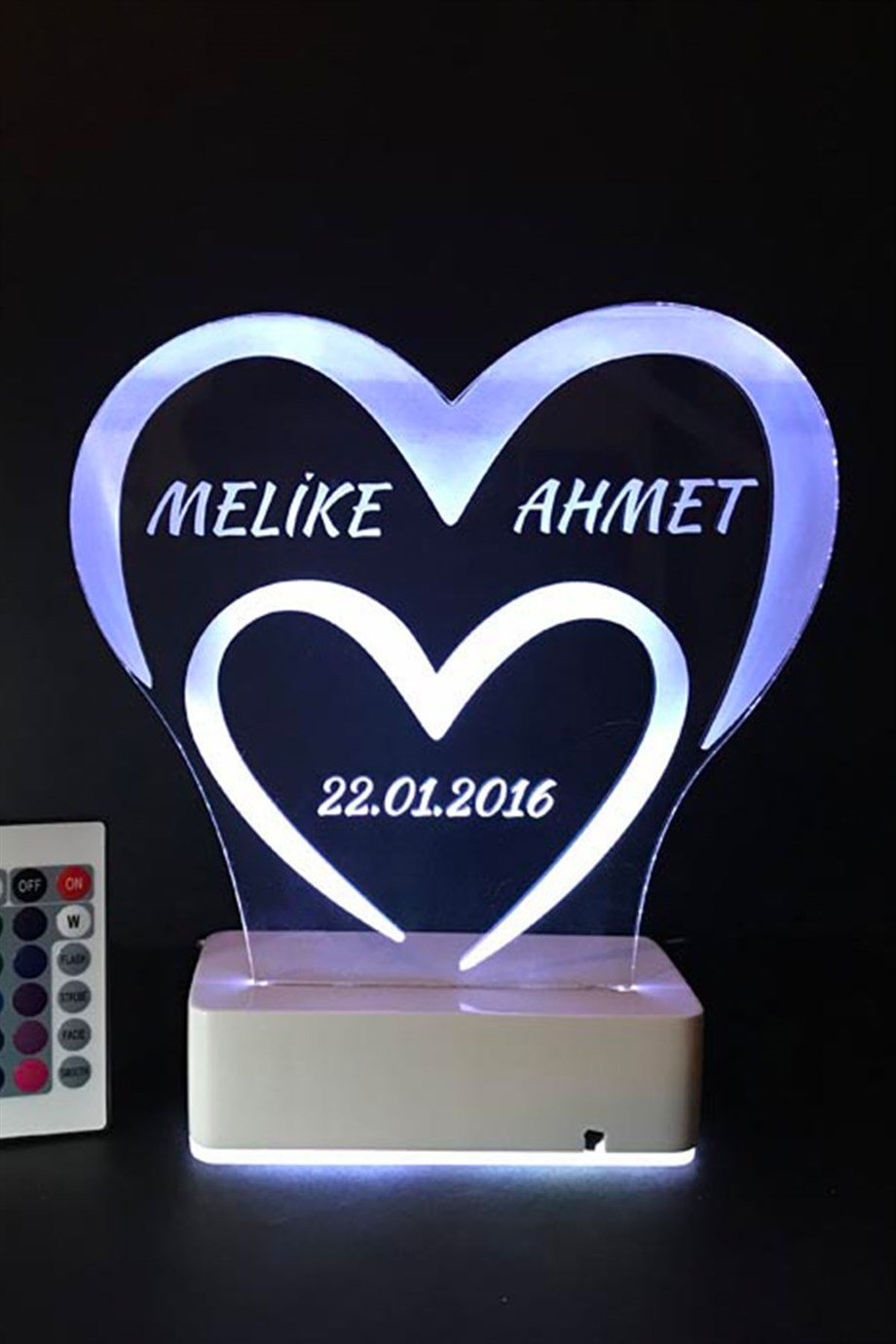 Kişiye Özel 3D Kalp Tarih Aşk 16 Renk Dekoratif Led Lamba
