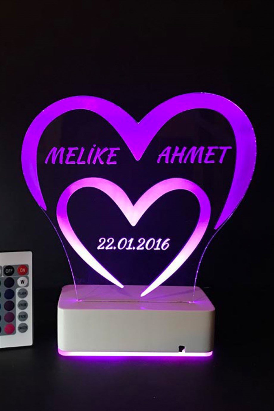 Kişiye Özel 3D Kalp Tarih Aşk 16 Renk Dekoratif Led Lamba