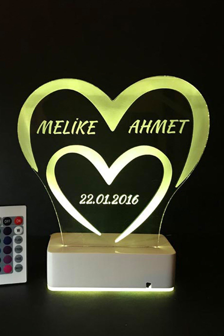 Kişiye Özel 3D Kalp Tarih Aşk 16 Renk Dekoratif Led Lamba