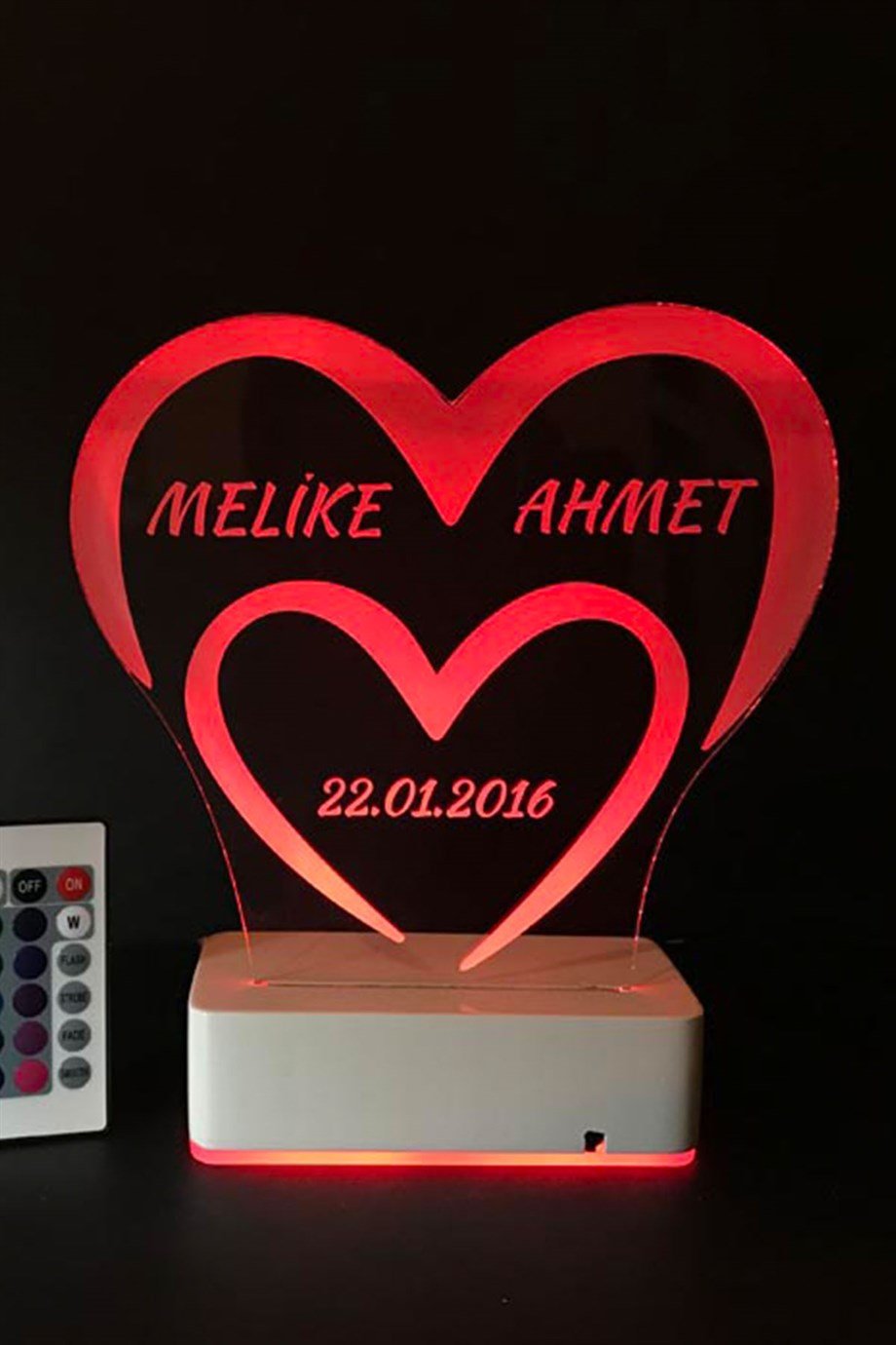 Kişiye Özel 3D Kalp Tarih Aşk 16 Renk Dekoratif Led Lamba