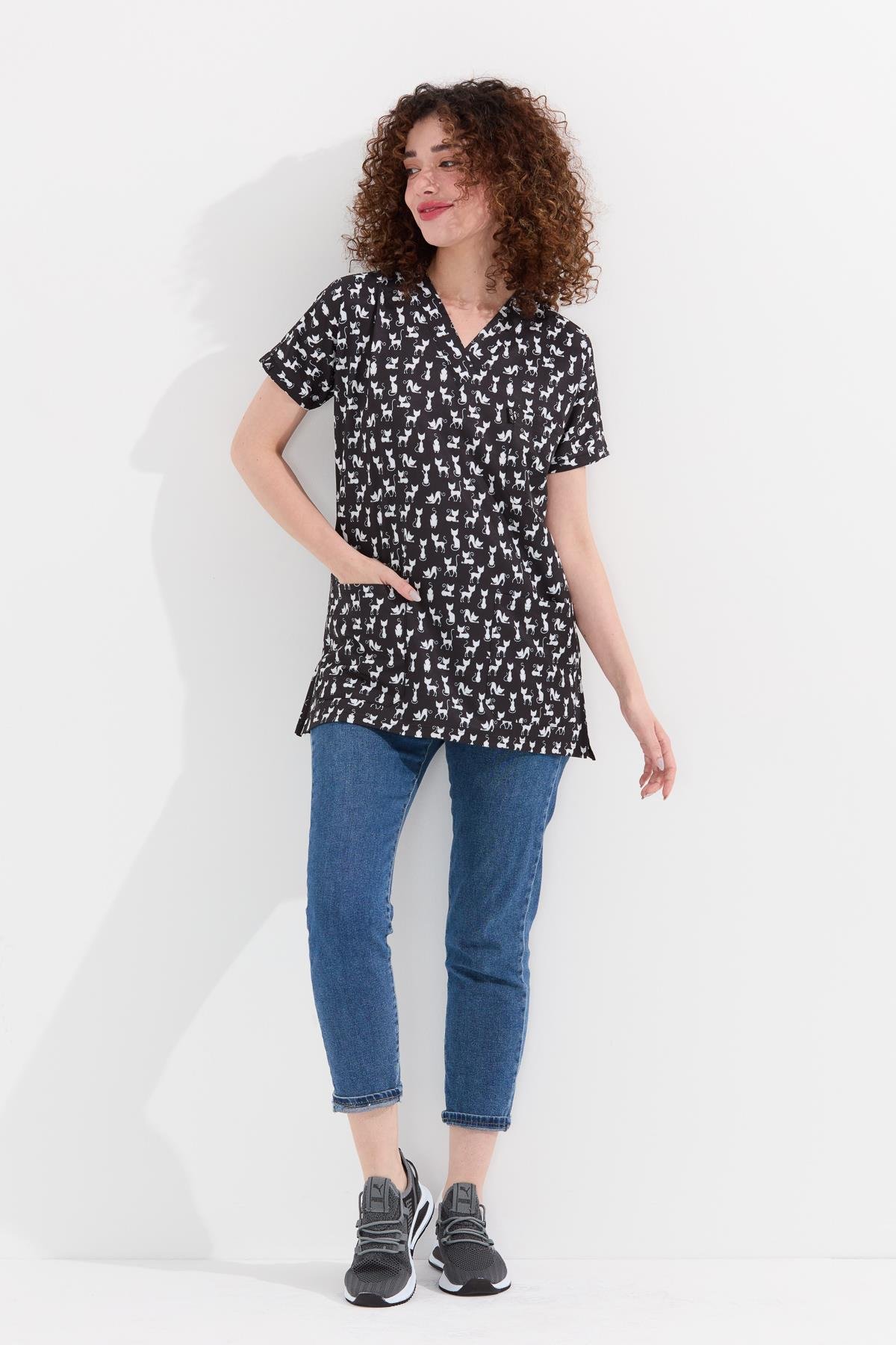 Carnival Basic - Desenli Hemşire Doktor Veteriner Tek Üst Forma (UNISEX), Kedi