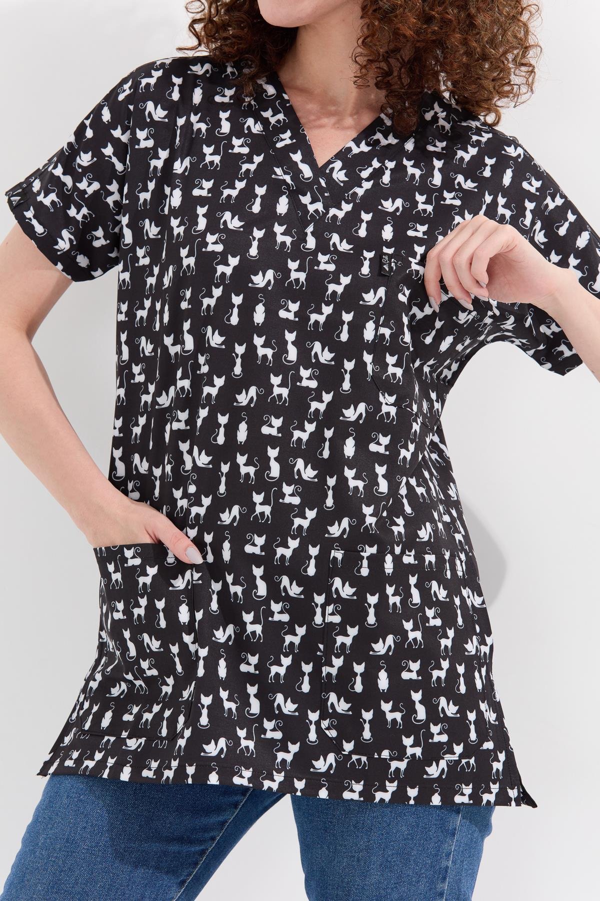 Carnival Basic - Desenli Hemşire Doktor Veteriner Tek Üst Forma (UNISEX), Kedi