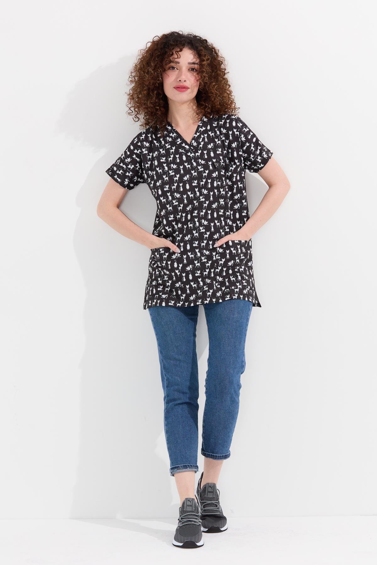 Carnival Basic - Desenli Hemşire Doktor Veteriner Tek Üst Forma (UNISEX), Kedi