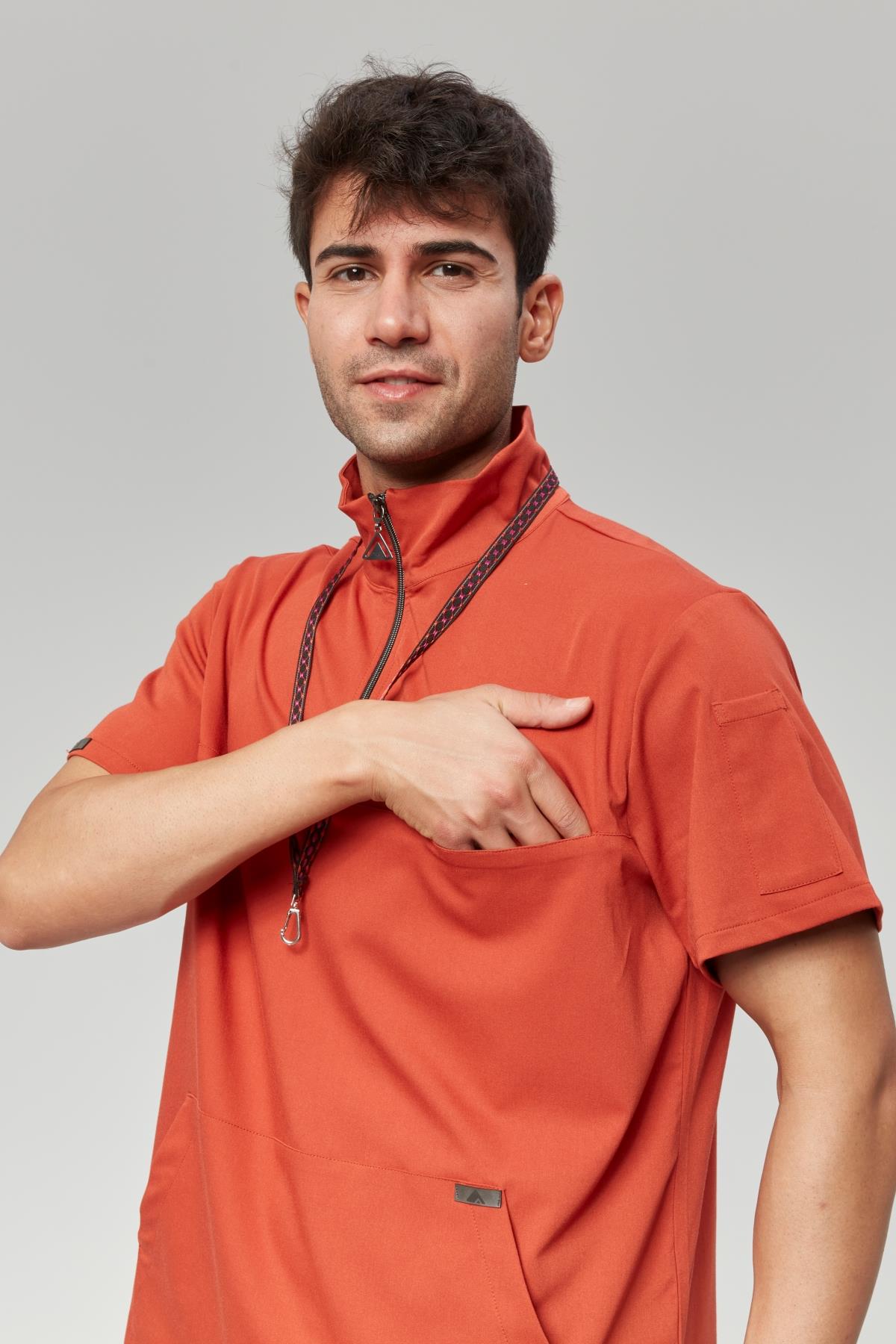 Extreme Cool Man - Premium Çift Yön Likralı Doktor Hemşire Tek Üst Forma (ERKEK), Mandalin
