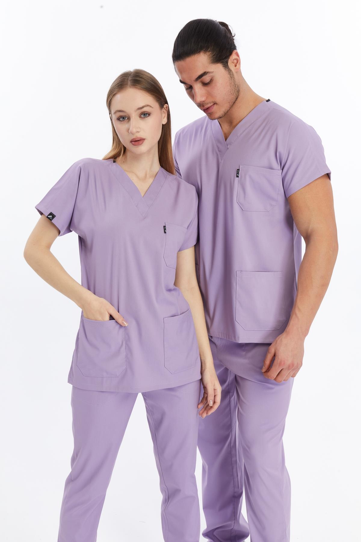 Happiness Basic - Likralı Doktor Hemşire Scrubs Tek Üst Cerrahi Forma (UNISEX), Lila