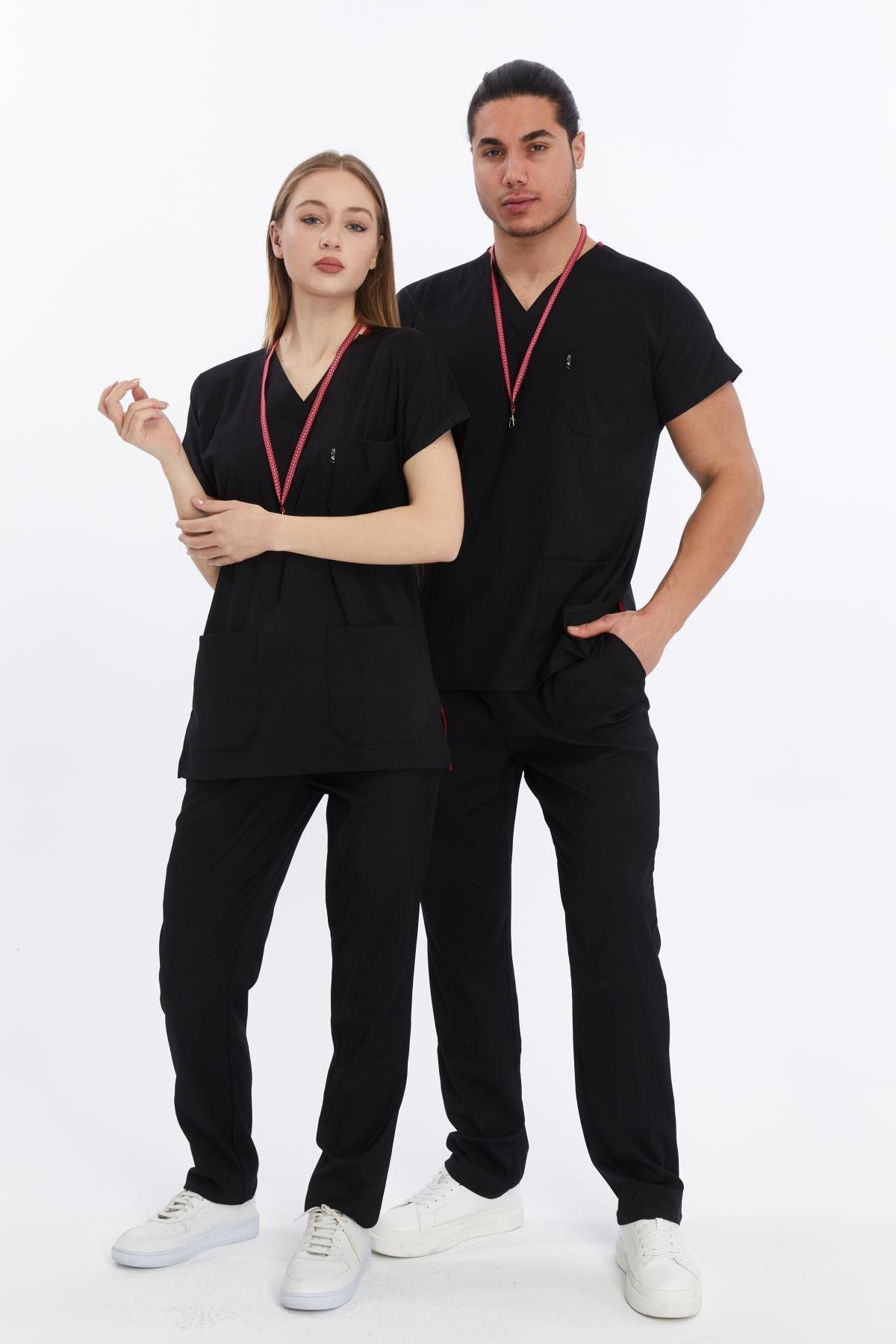Happiness Basic - Likralı Doktor Hemşire Forma Takımı Scrubs Üniforma Cerrahi Takım (UNISEX), Siyah