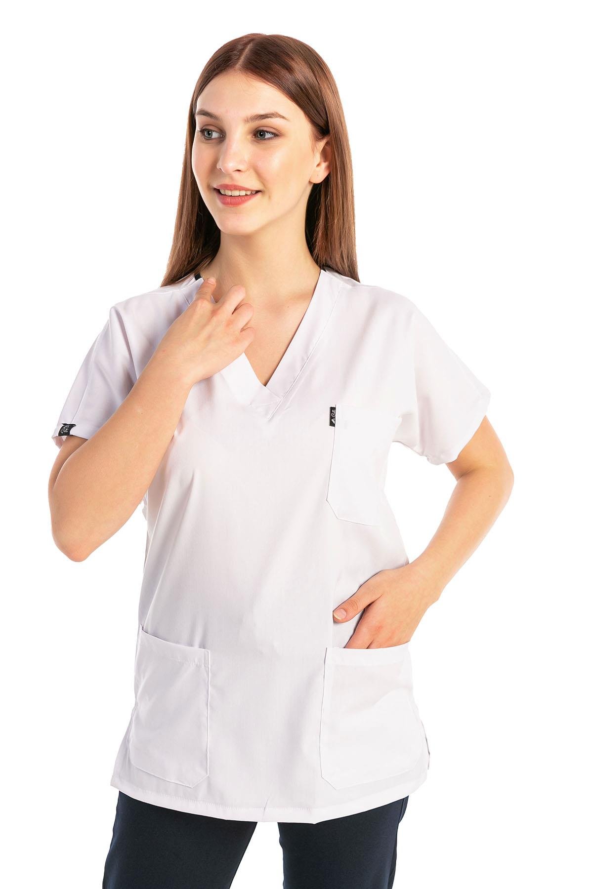 Happiness Basic - Likralı Doktor Hemşire Tek Üst Forma (UNISEX), Beyaz