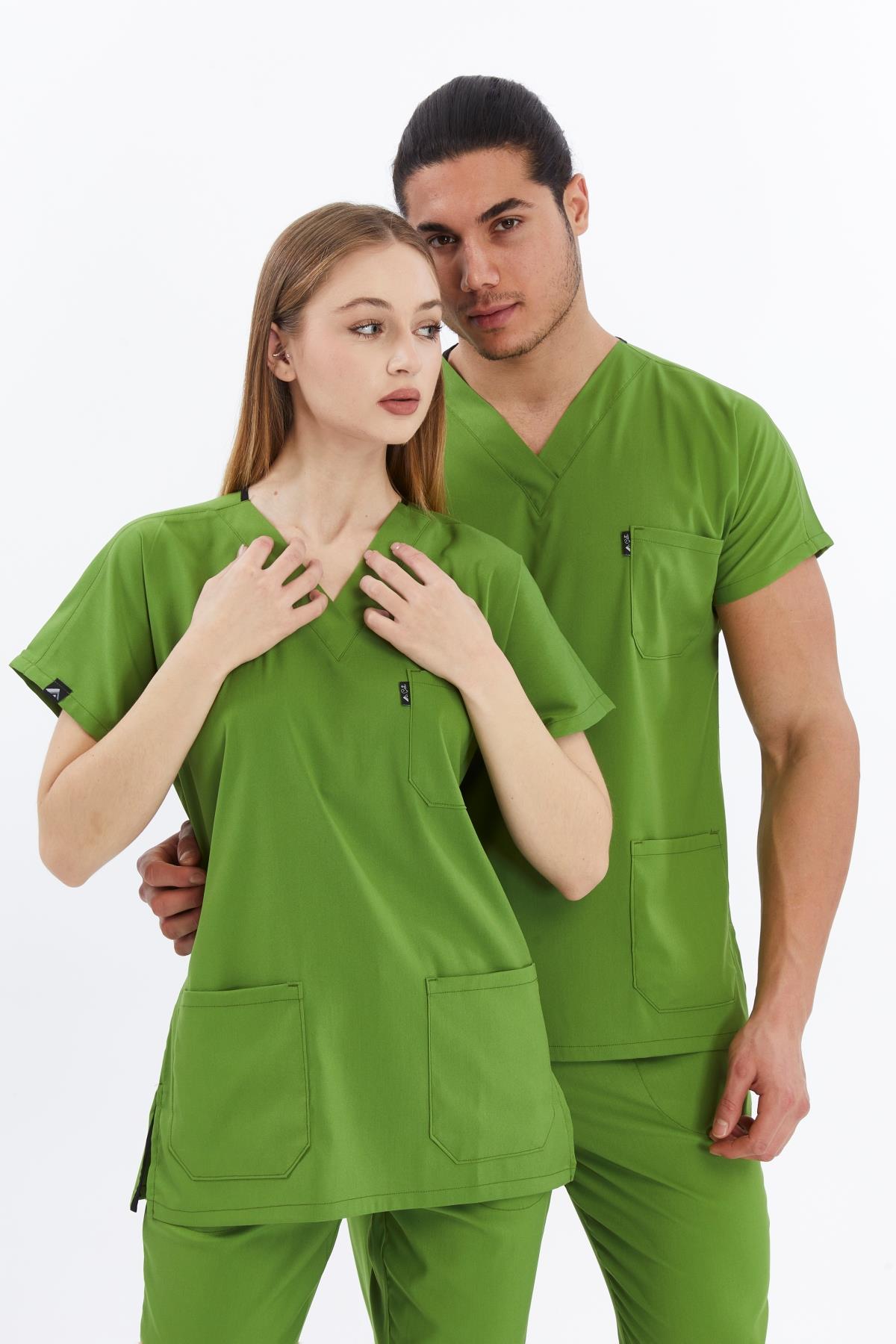Happiness Basic - Likralı Doktor Hemşire Scrubs Tek Üst Cerrahi Forma (UNISEX), Fıstık Yeşili