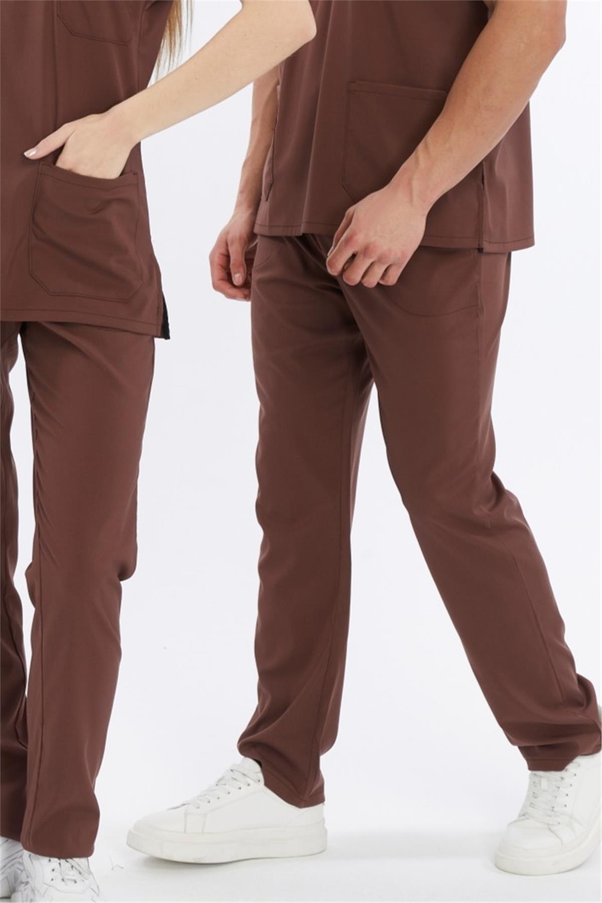 Happiness Basic - Likralı Doktor Hemşire Scrubs Tek Alt Cerrahi Forma (UNISEX), Çikolata Kahve