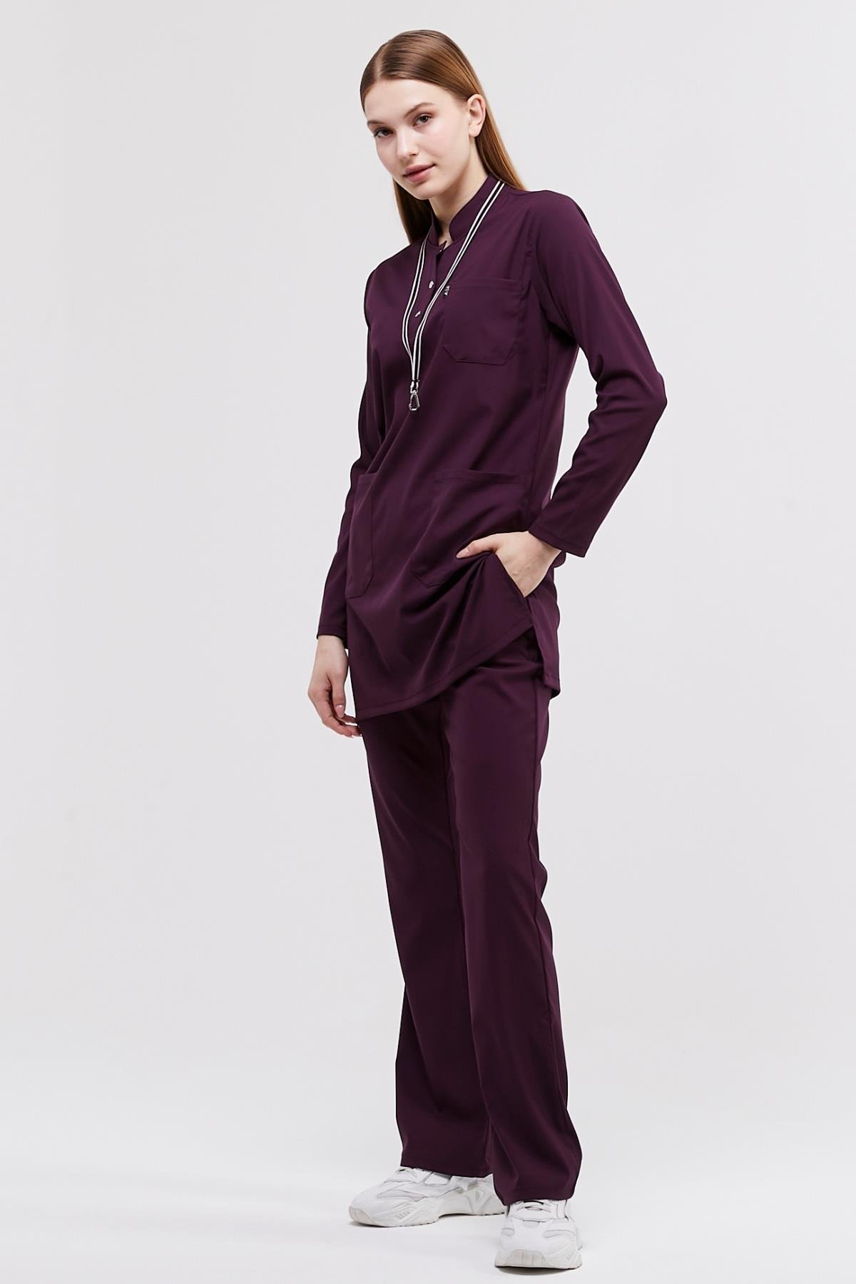 Happiness Modest - Likralı Doktor Hemşire Tesettür Forma Takımı, Mürdüm