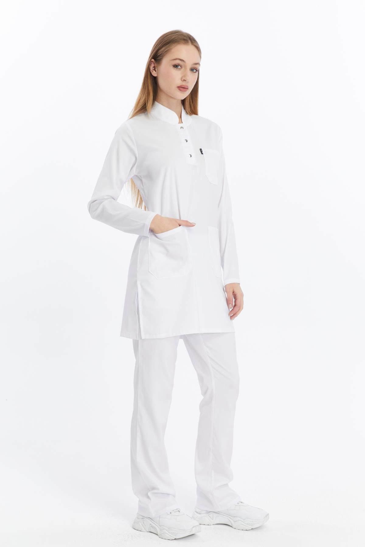 Happiness Modest - Likralı Doktor Hemşire Tesettür Forma Takımı Scrubs Üniforma Cerrahi Takım, Beyaz