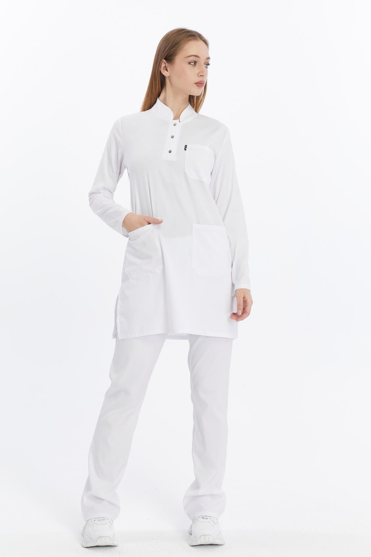 Happiness Modest - Likralı Doktor Hemşire Tesettür Forma Takımı Scrubs Üniforma Cerrahi Takım, Beyaz
