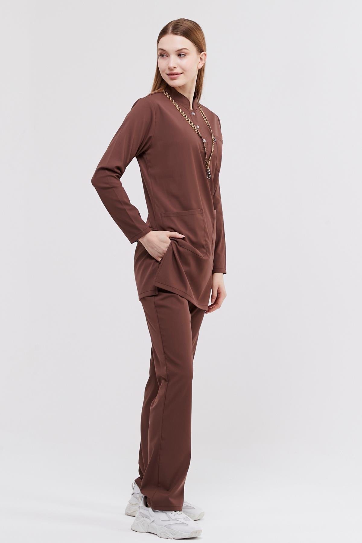 Happiness Modest - Likralı Doktor Hemşire Tesettür Forma Takımı, Çikolata Kahve