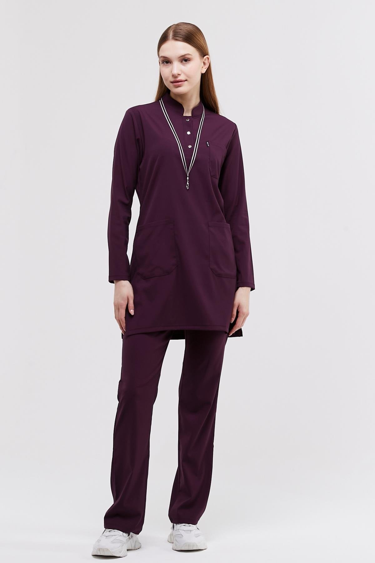 Happiness Modest - Likralı Doktor Hemşire Tesettür Forma Takımı, Mürdüm