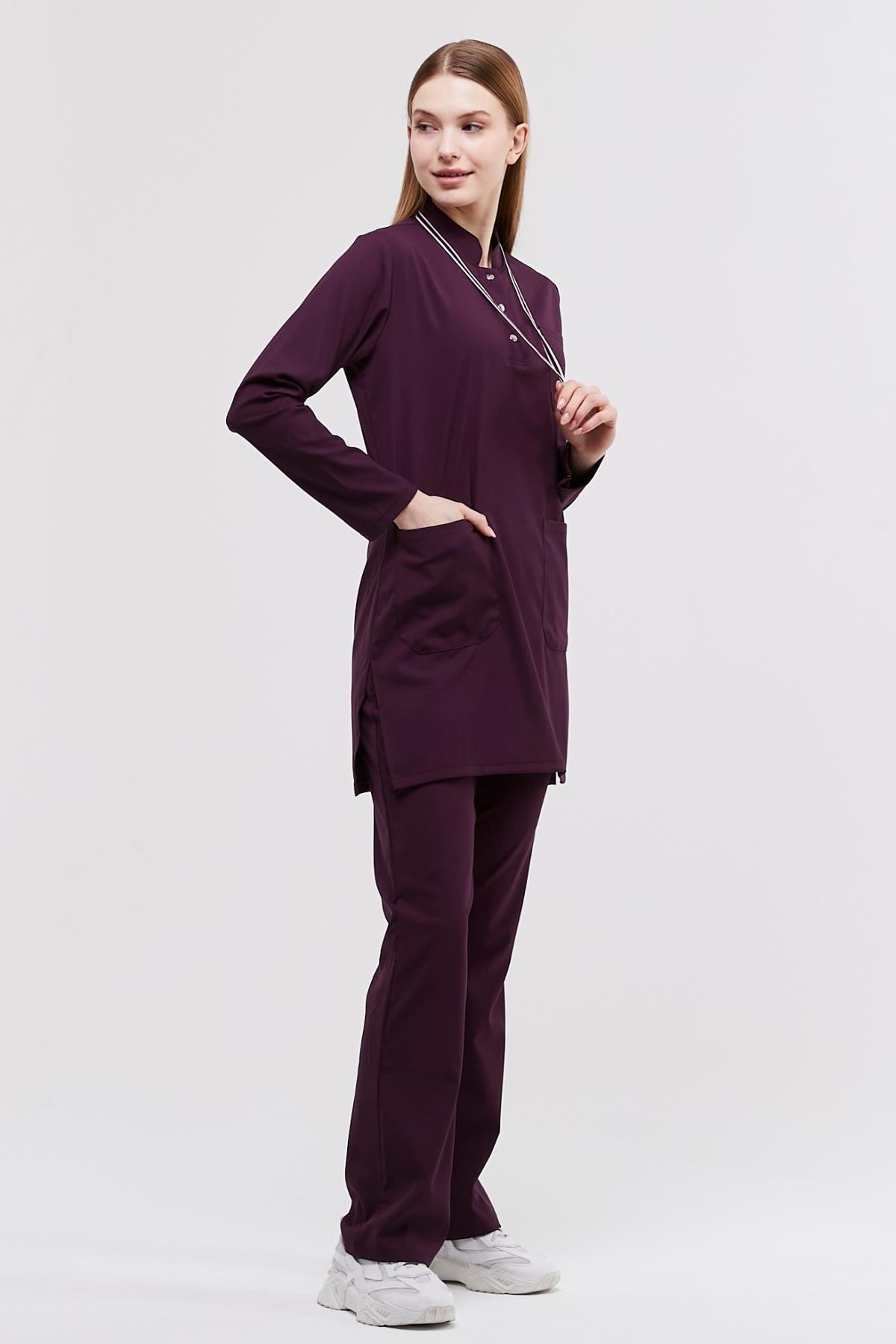 Happiness Modest - Likralı Doktor Hemşire Tesettür Forma Takımı, Mürdüm