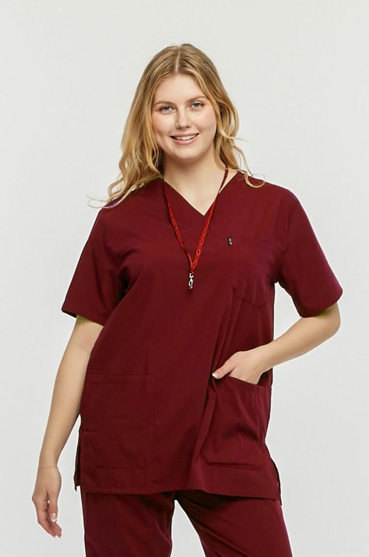 UltraLycra Comfy - Büyük Beden Likralı Doktor Hemşire Tek Üst Cerrahi Forma (UNISEX), Bordo
