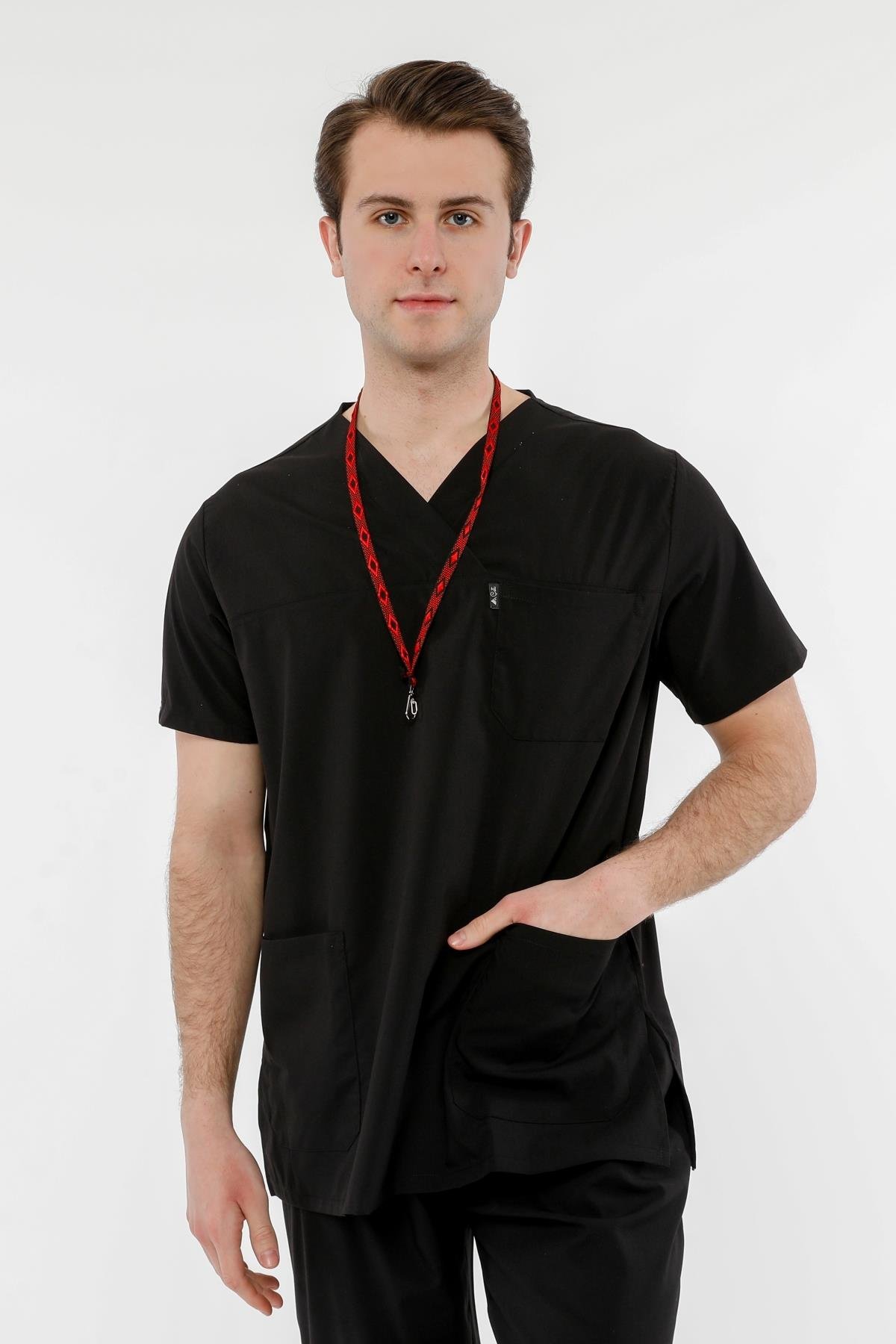 UltraLycra Comfy - Büyük Beden Likralı Doktor Hemşire Tek Üst Cerrahi Forma (UNISEX), Siyah