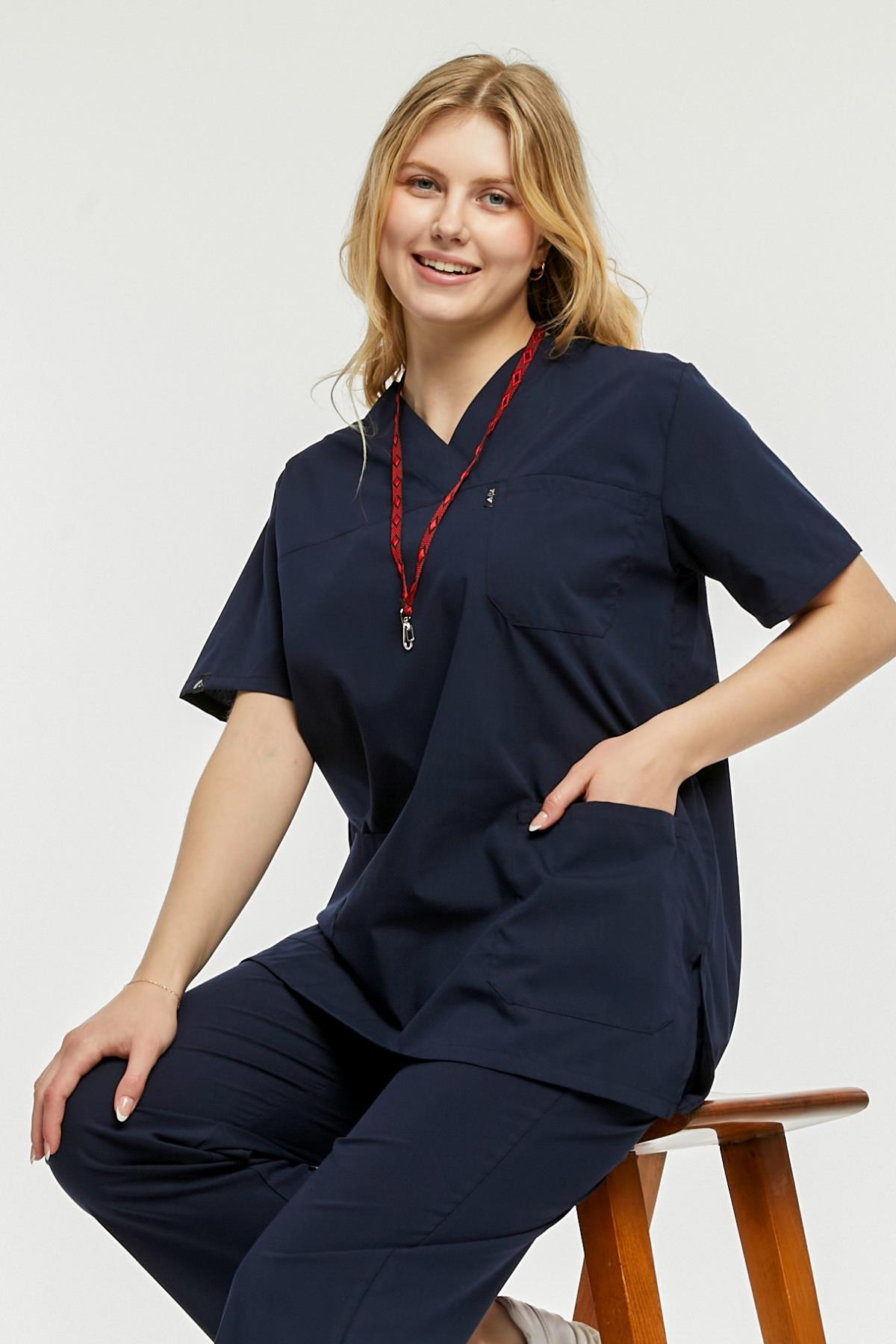 UltraLycra Comfy - Büyük Beden Likralı Doktor Hemşire Forma Takımı (UNISEX), Lacivert