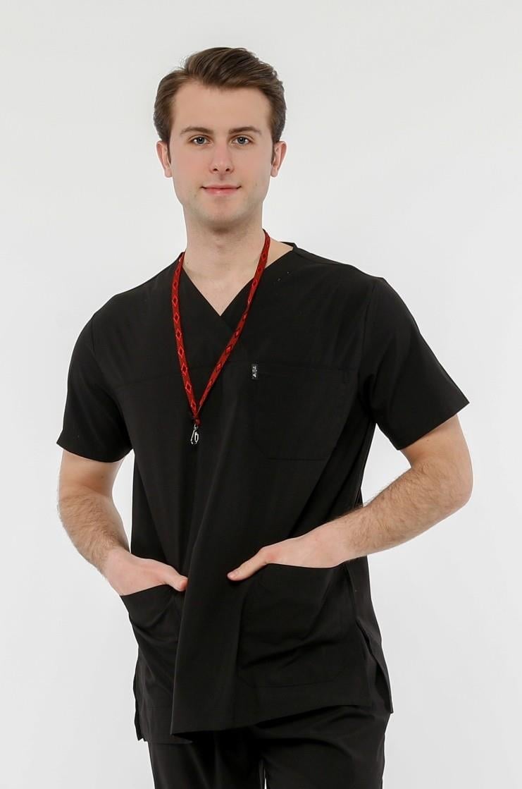 UltraLycra Comfy - Büyük Beden Likralı Doktor Hemşire Tek Üst Cerrahi Forma (UNISEX), Siyah