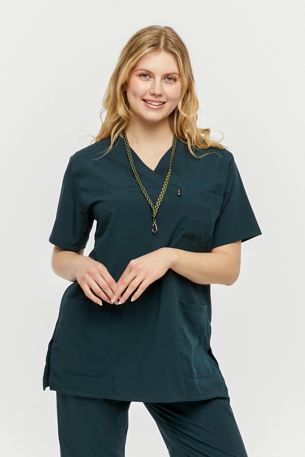 UltraLycra Comfy - Büyük Beden Likralı Doktor Hemşire Tek Üst Cerrahi Forma (UNISEX), Koyu Yeşil