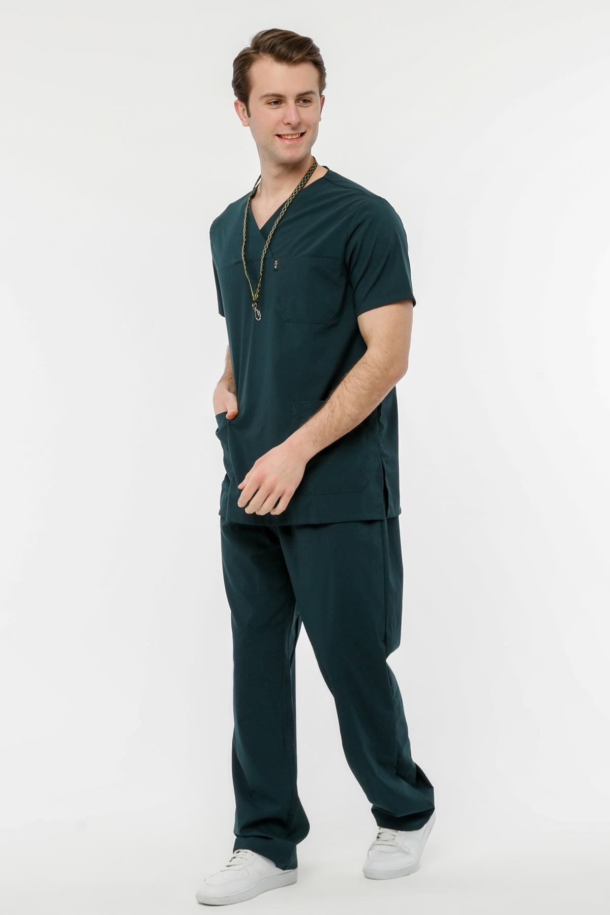 UltraLycra Comfy - Büyük Beden Likralı Doktor Hemşire Forma Takımı (UNISEX), Koyu Yeşil