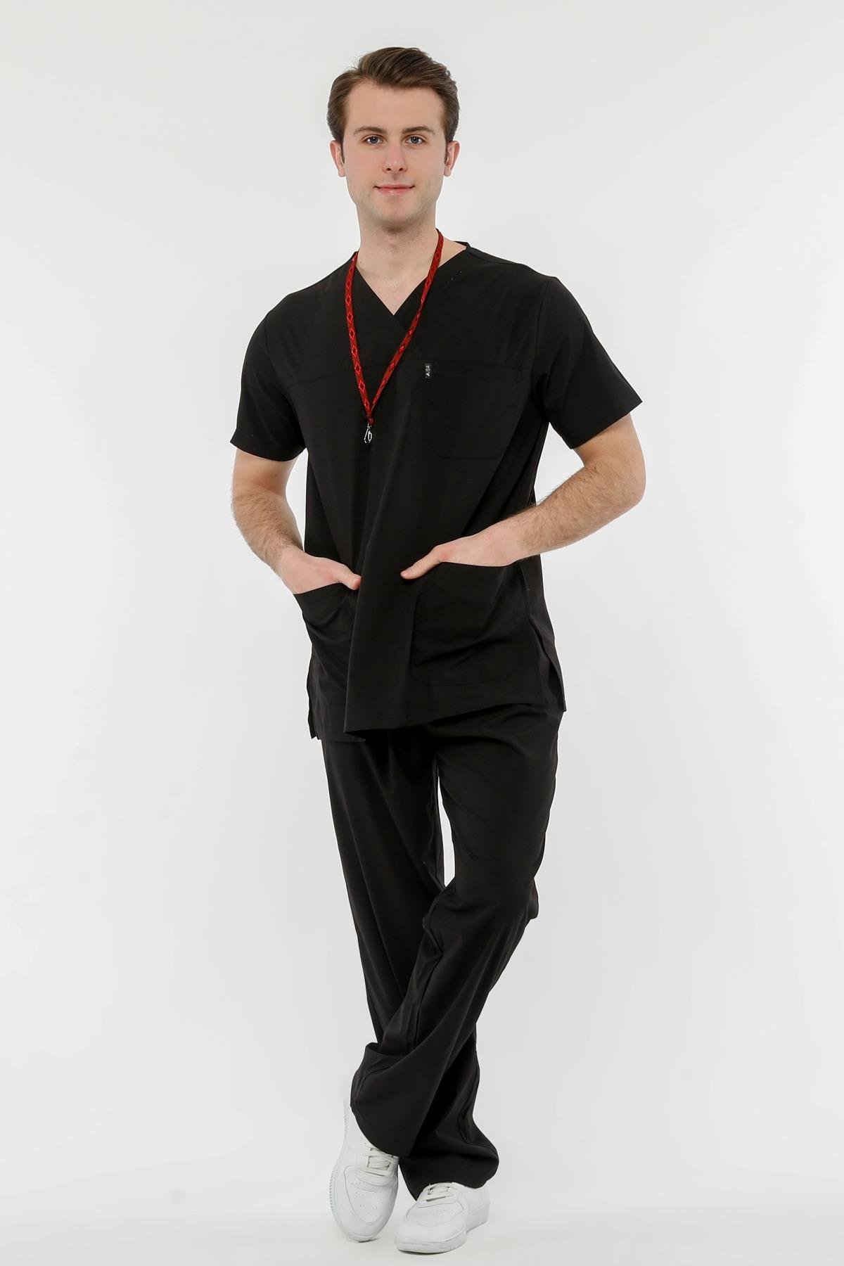 UltraLycra Comfy - Büyük Beden Likralı Doktor Hemşire Forma Takımı (UNISEX), Siyah