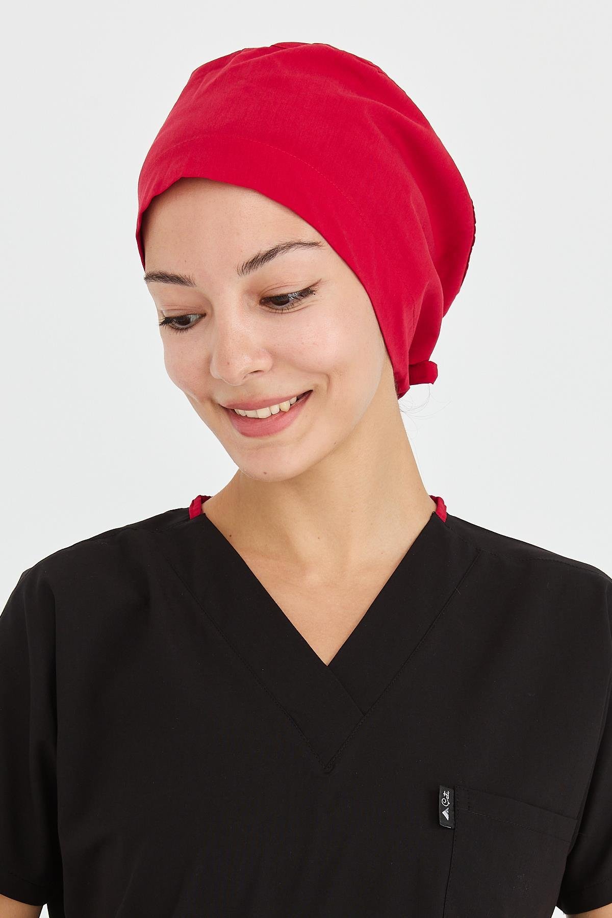 UltraLycra Doktor Hemşire Cerrahi Bone Aşçı Bonesi İş Bandanası, Kırmızı