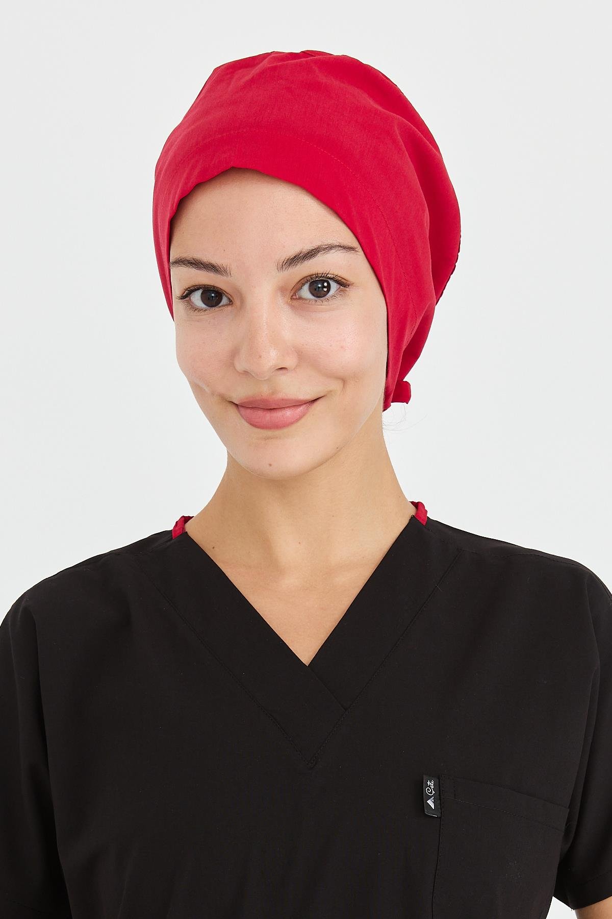 UltraLycra Doktor Hemşire Cerrahi Bone Aşçı Bonesi İş Bandanası, Kırmızı