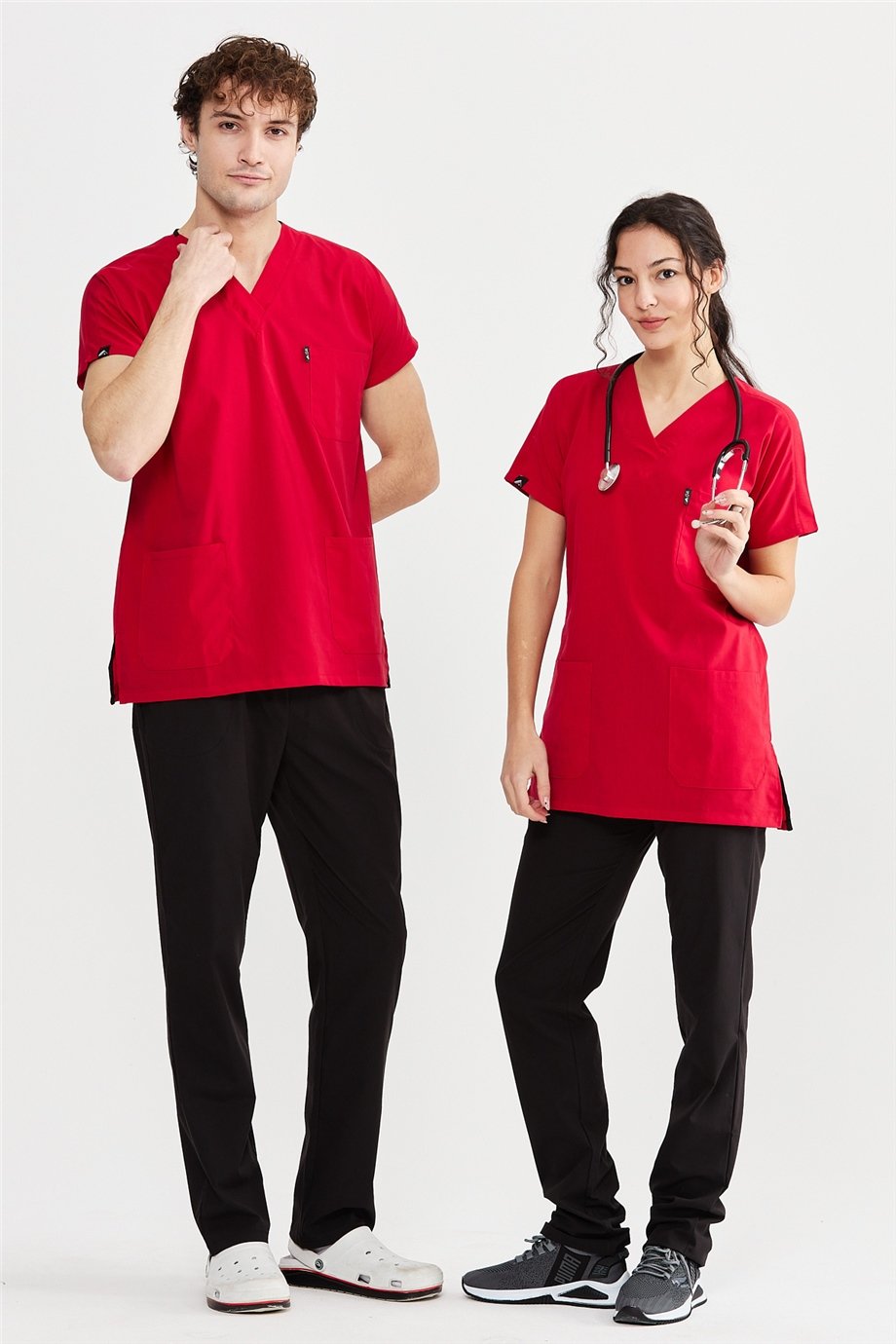 UltraLycra Harmony/Basic - Likralı Doktor Hemşire Forma Takımı Scrubs Üniforma Cerrahi Takım (UNISEX), Kırmızı/Siyah