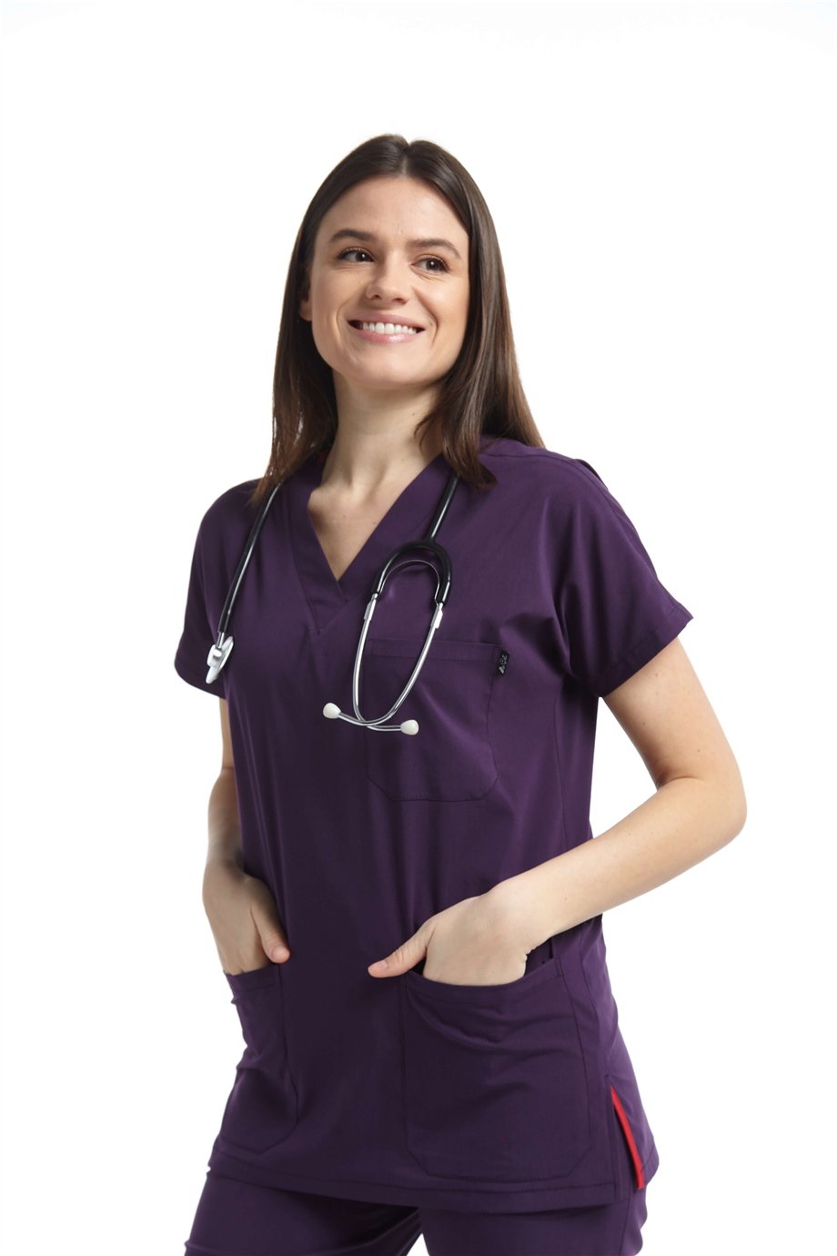 UltraLycra Spaniard - Likralı Doktor Hemşire Scrubs Tek Üst Cerrahi Forma (KADIN), Koyu Mor