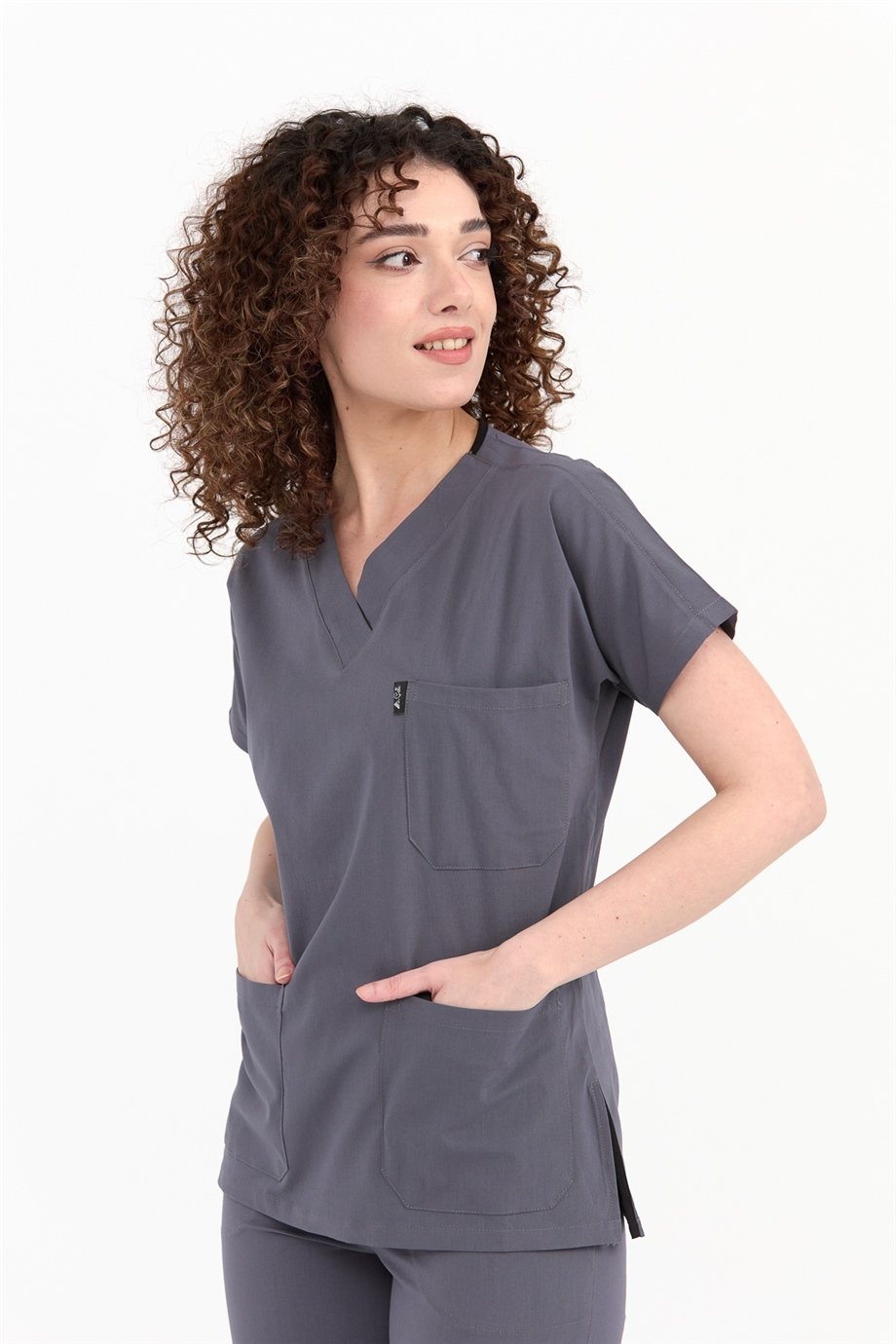 UltraLycra Spaniard - Likralı Doktor Hemşire Scrubs Tek Üst Cerrahi Forma (KADIN), Asfalt