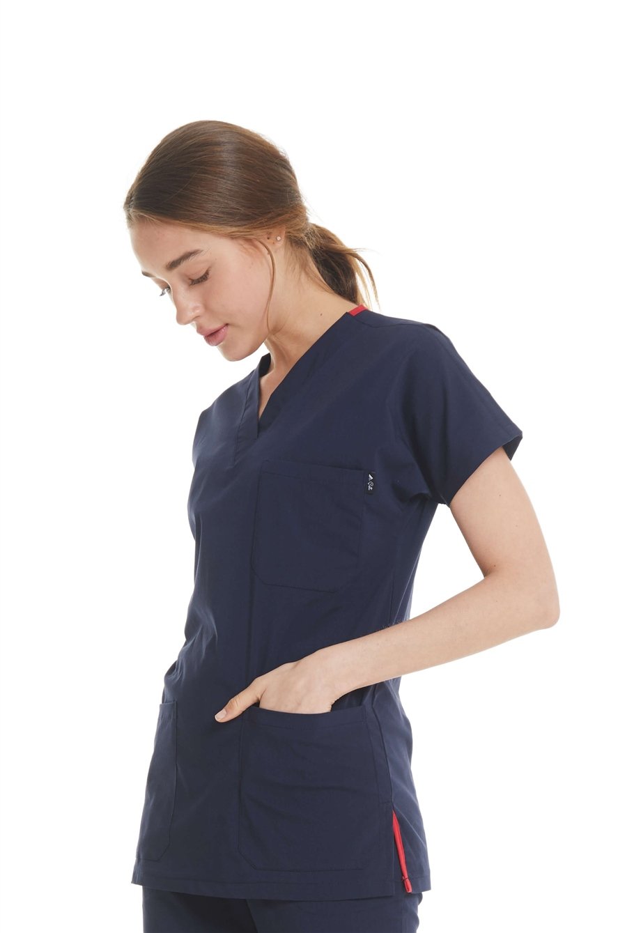 UltraLycra Spaniard - Likralı Doktor Hemşire Scrubs Tek Üst Cerrahi Forma (KADIN), Lacivert