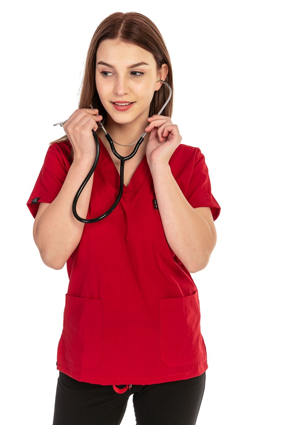 UltraLycra Spaniard - Likralı Doktor Hemşire Scrubs Tek Üst Cerrahi Forma (KADIN), Kırmızı