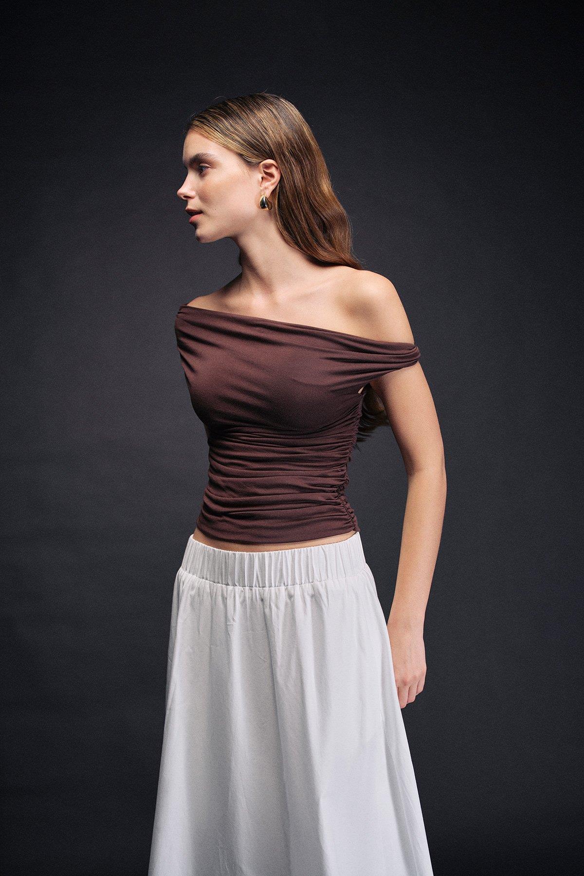 VATKALIOmuzları açık bluz - Exclusice Collection KAHVERENK